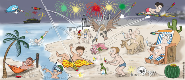 Cartoon-Karikatur-Comic---An einem Strand sind bei Nacht viele Gäste während überall Feuerwerk statt findet. Ein Besucher fliegt auf einem Teppich durch die Lüfte, einer lässt Raketen mit einer Flasche im Sand in die Höhe schießen.