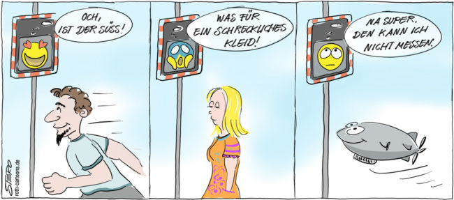 Cartoon-Karikatur-Comic---Eine Anzeigetafel zeigt mit Smileys an wie gut du ihr gefällst. Ein Mann ist süß, das Kleid der Frau ist hässlich und das Zeppelin kann sie nicht messen.