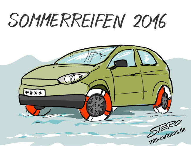 Cartoon-Karikatur-Comic---Ein grünes Auto steht auf dem Wasser. Zum Glück hat es die neuen Sommerreifen die verdächtig nach Rettungsringen aussehen angeschraubt.