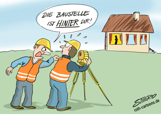 Cartoon-Karikatur-Comic---ein Bauarbeiter baut das Nivelliergerät nicht an der Baustelle auf, sondern an dem Fenster einer nackten Frau auf. Sein Kollege weißt ihn wütend darauf hin.