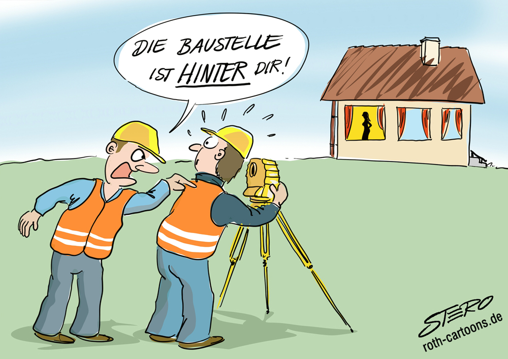 Cartoon: Bauarbeiter nutzt Nivelliergerät zum Spannen in ein fenster mit einer hübschen Frau