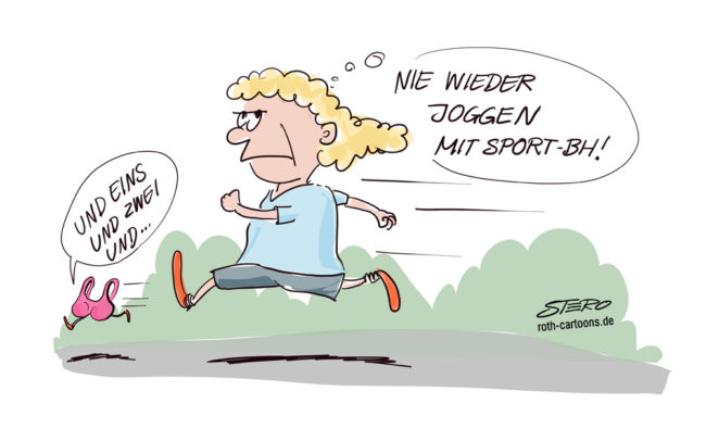Cartoon-Karikatur-Comic---Eine Joggerin joggt mit einem pinken BH neben sich und denkt sich:" Nie wieder mit Sport BH!"