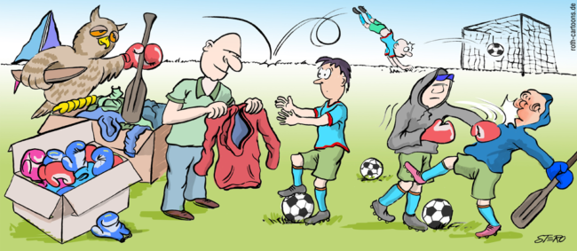 Cartoon-Karikatur-Comic---Einige Sportler sind auf dem Fußballplatz. Man sieht eine Kiste mit Boxhandschuhen, zwei Paddel, und einen Mann der Hoodies und Handschuhe an Fußballer verteilt.