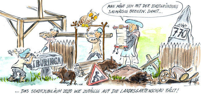 Cartoon-Karikatur-Comic---Ein Mann meint zu den Sieldern bei der Stadtgründung Überlingens, das diese schneller gehen muss damit Sie 2020 genau auf das Datum der LGS fällt.