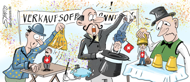 Cartoon-Karikatur-Comic---Mehrere Zauberer zaubern aus ihren Hüten, Bechern und Tüchern uberraschenderweise kleine Menschen mit der Flagge der Schweiz an ihrer Kleidung herbei. Im Hintergrund verkündet ein Banner den Verkaufsoffenen Sonntag.