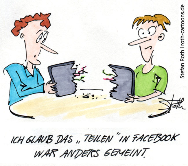 Cartoon-Karikatur-Comic---Zwei Freunde haben ihr Tablet zerissen und darunter steht "Ich glaub das "Teilen" in Facebook war anders gedacht"