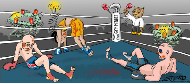 Cartoon-Karikatur-Comic---Drei Boxer liegen K.O. am Boden und über ihren Köpfen schweben Adventskränze.