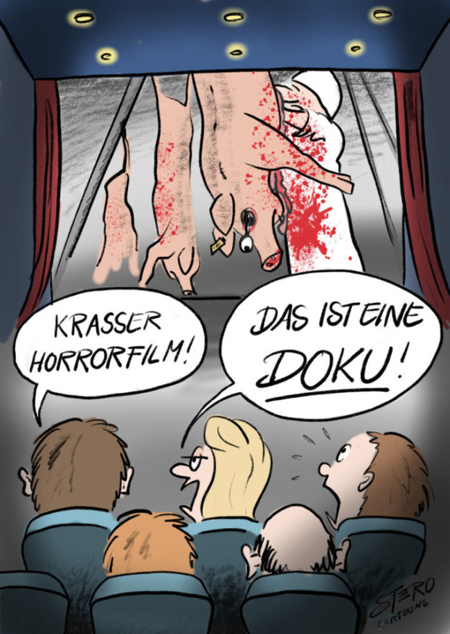 Cartoon Menschen im Kino schauen eine Dokumentation über Tierrecht an