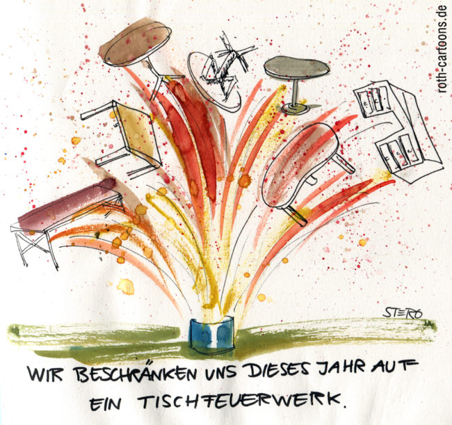 Cartoon-Karikatur-Comic---Aus einem Tischfeuerwerk platzen verschiedene Tische und darunter steht "Wir beschränken uns dieses Jahr auf ein Tischfeuerwerk."