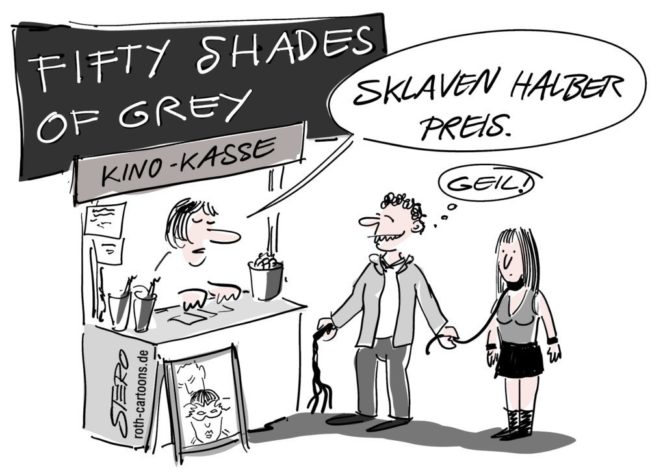 Cartoon-Karikatur-Comic---Ein Pärchen kommt an die Kinokasse. Da die Frau eine Hundeleine trägt bekommt Sie als Sklave den halben Preis. Da lohnt sich die Vorstellung von Fifty Shades of Grey ziemlich.