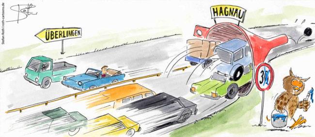 Cartoon-Karikatur-Comic---Die Autobahn nach Hagnau führt in einen kleinen Trichter der gerade einen Reifen durchfahren lässt.