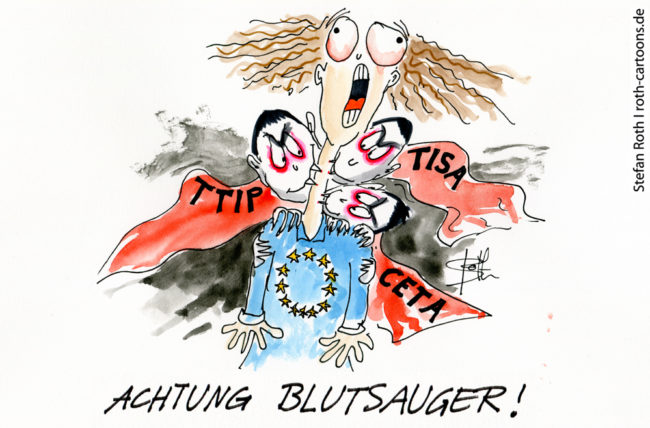 Cartoon-Karikatur-Comic---Europa als Mensch dargestellt wirrd von drei Vampiren mit der Aufschrift "TTIP", "TISA" und "CETA" ausgesagt.