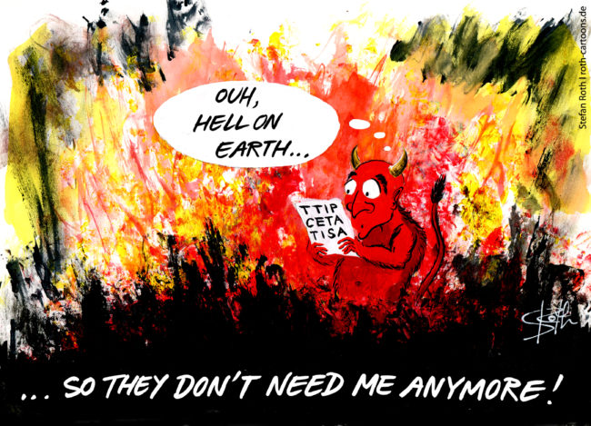 Cartoon-Karikatur-Comic---Der Teufel ließt TTIP, CETA und TISA und denkt sich das Sie ihn wohl nicht mehr brauchen.