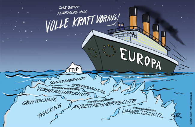 Cartoon-Karikatur-Comic---Europa als Titanic steuert auf einen Eisberg zu, dessen Spitze (TTIP) aus dem Wasser guckt und dessen restliche Größe unter dem Wasser "Gentechnik", "Fracking" oder "Schiedsgerichte" ziert.