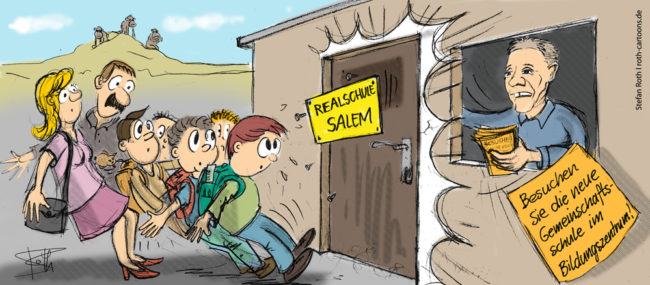 Cartoon-Karikatur-Comic---Schüler und Lehrer stehen vor geschlossenen Türen ddr Realschule Salem. Ein Schild leitet sie zur Gemeinschaftsschule im Bildungszentrum.