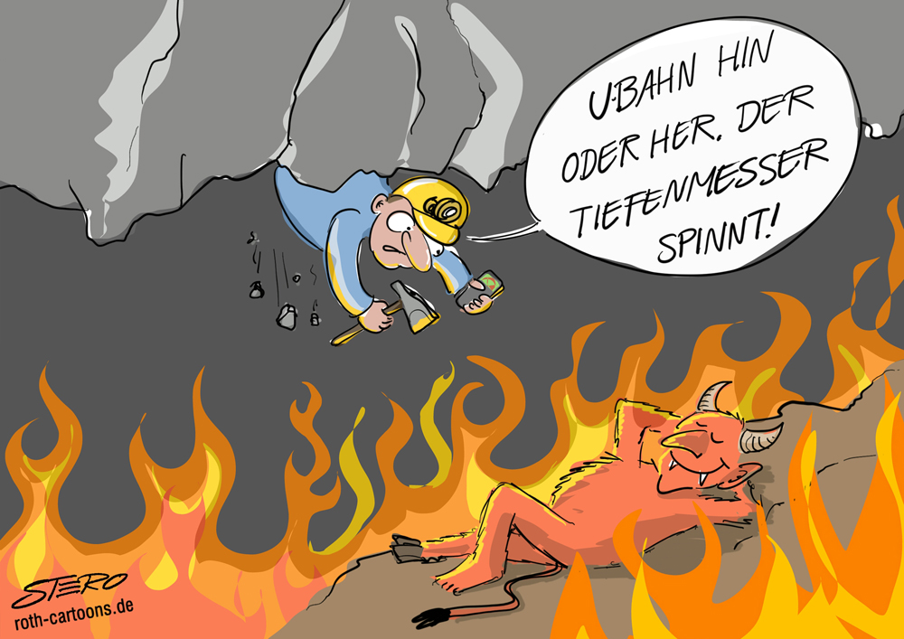 Cartoon: Mann stürzt beim Tiefbau in die Hölle-zu tief gebohrt