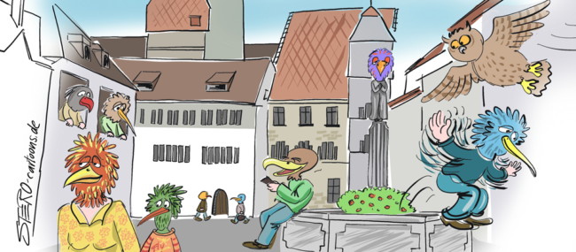 Cartoon-Karikatur-Comic---Der Überlinger Marktplatz ist gefüllt mit Passanten mit Vögelköpfen.