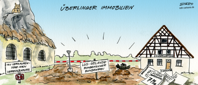 Cartoon-Karikatur-Comic---Neben dem Felsenkeller und dem LGS Gelände (Bombenfrei) steht ein altes Kindergarten Gebäude.