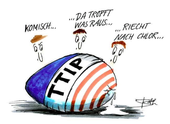 Cartoon-Karikatur-Comic---3 Menschen wundern sich das ein Ei in Amerika farben und der Aufschrift "TTIP" etwas tropft. Es ist Chlor...