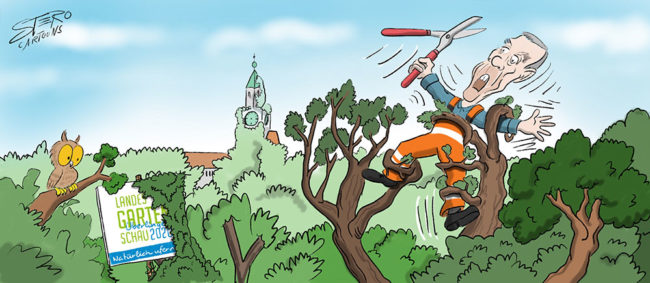 Cartoon-Karikatur: Landesgartenschau Ufergestaltung in Überlingen. Bauhofmitarbeiter wird von Schlingpflanzen festgehalten die er stutzen wollte.