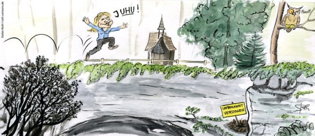 Cartoon-Karikatur-Comic--- Sabine Becker hüpft fröhlich durch den Wald und ruft:" JUHU!" wobei das "UHU2 unterstrichen ist.