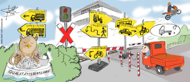 Cartoon-Karikatur-Comic---Ein Auto steht vor einer Absperrung und extrem vielen verschiedenen Umleitungsschilder und der Fahrer ist komplett verwirrt.