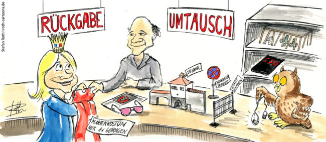 Cartoon-Karikatur-Comic---Sabine Becker ist beim Umtauschen von dem Rosa-Brille-Magazin, einem Stadttor und einem Verkehrsschild.
