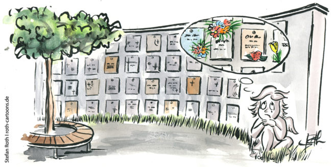 Cartoon-Karikatur-Comic---Ein Engelchen ist traurig, da die Urnenwand in Überlingen nicht mehr mit Blumen geschmückt werden soll.