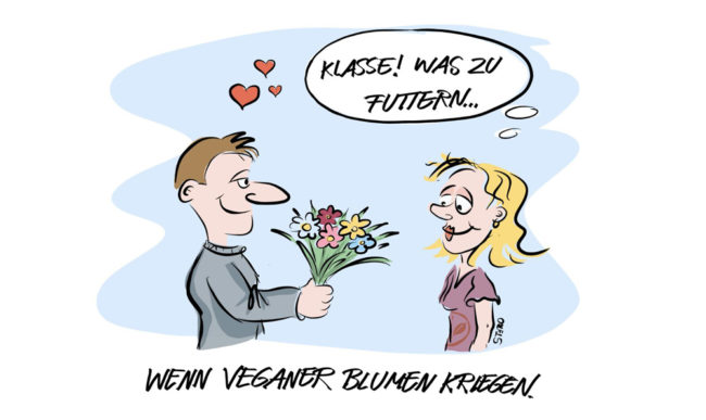 Cartoon-Karikatur-Comic---Eine Frau bekommt vonm einem Verehrer Blumen geschenkt und denkt sich nur:" Klasse! Was zu futtern..."