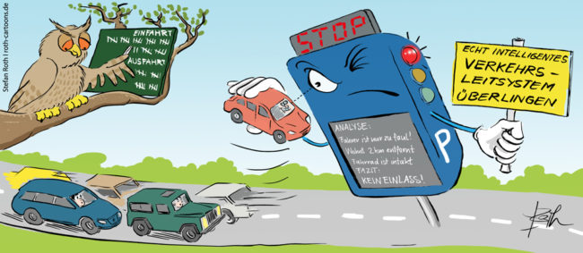 Cartoon-Karikatur-Comic---ein intelligentes Parkleitsystem greift sich immer wieder Autos von der Straße und überprüft diese auf Faulheit und Parkkentnisse. Entsprechend schickt es die meisten wieder fort.