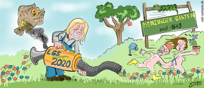 Cartoon-Karikatur-Comic---Eine blonde Frau saugt grinsend mit einem Gartengerät mit der Aufschrift "LGS Überlingen 2020" einige Blumen der Menzinger Gärten ein. Ein nackter Mann mit Mütze und eine nackte Frau mit einer blauen Blume in der Hand fliehen mit entsetzten Gesichtsausdruck vor der Pflanzenvernichterin.