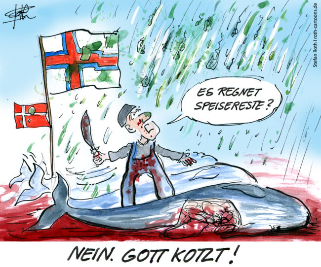Cartoon-Karikatur-Comic---Ein Walfänger über seiner erlegten Beute wundert sich das es Essensreste regnet. Dabei ist es nur Gottes Kotze.