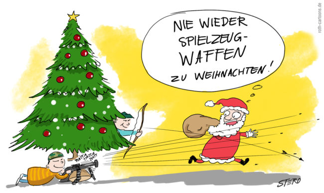 Cartoon-Karikatur-Comic---Der Weihnachtsmann flieht vor den Spielzeugschüssen der Kinder von neu gebrachten Geschenken.
