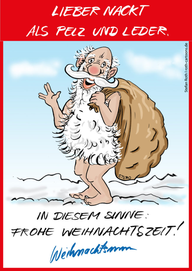 Cartoon-Karikatur-Comic---Der Weihnachtsmann steht nackt mit langem Bart und seinem Sack im Schnee.