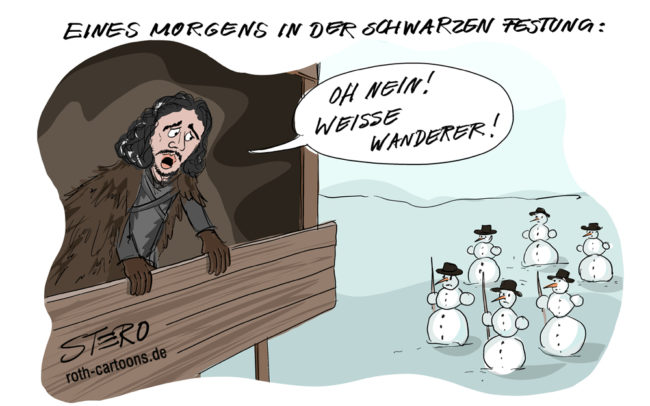 Cartoon-Karikatur-Comic---Jon Schnee aus Game of Thrones steht auf seiner Mauer und sieht unten eine Reihe Schneemänner stehen. Er sagt:"Oh nein! Weiße Wanderer!"