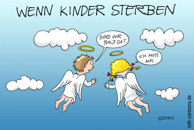 Cartoon-Karikatur-Comic---Zwei Kinder schweben als Engel in den Himmel und fragen sich wie lange sie noch unterwegs sind.