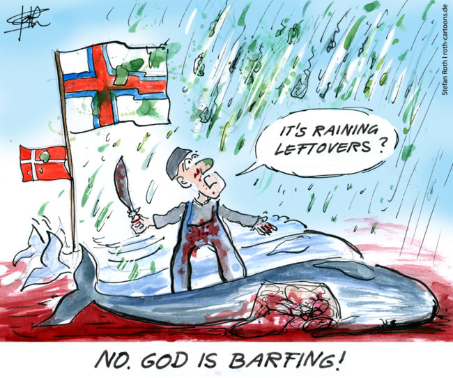 Cartoon-Karikatur-Comic---Ein Walfänger über seiner erlegten Beute wundert sich das es Essensreste regnet. Dabei ist es nur Gottes Kotze.
