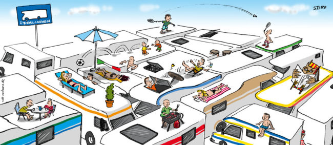 Cartoon-Karikatur-Comic---20 Wohnmobile parken so nah nebeneinander das Ihre Bewohner Urlaub auf deren Dächern machen.