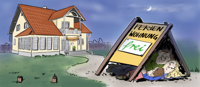 Cartoon-Karikatur-Comic---Im Hintergrund steht ein Ferienhaus mit heruntergelassenen Rollläden, während im Vordergrund eine Familie Schutz vor der Nacht unter dessen Verkaufsschild sucht.