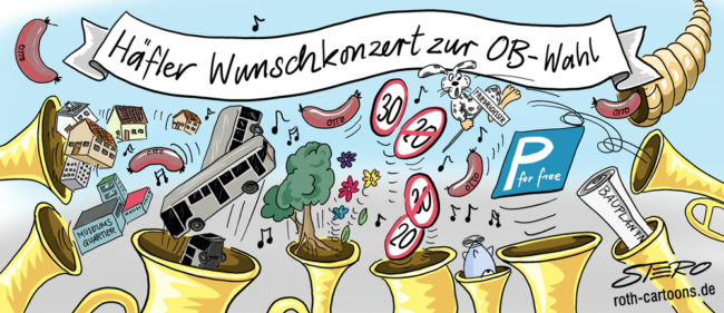 Cartoon-Karikatur-Comic---Einige Trompeten spielen und aus ihren Öffnungen strömen verschieden Versprechen zu Ob-Wahl. Beispielsweise Autobusse, Wohnhäuser, gesunde Bäume oder kostenloses-Parken Schilder werden musikalisch in die Luft geschleudert.