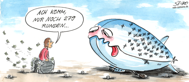 Cartoon-Karikatur-Comic---ein Mann steht mit Koffern von Geld vor einem fertigen Zeppelin und fordert es zu 279 runden fliegen auf.