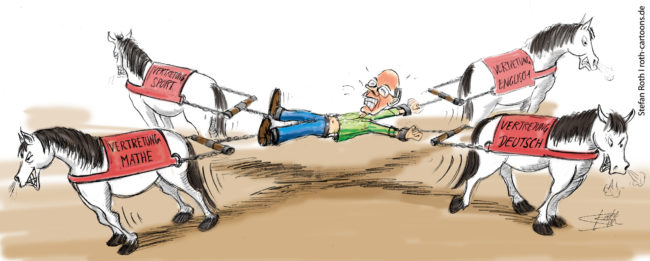 Lehrer wird von 4 Pferden in verschiedene Richtungen gezerrt, die für Vertretungsstunden in verschiedenen Fächern stehen.