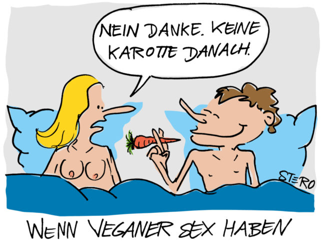 Cartoon-Karikatur-Comic---Eine Pärchen nach dem Akt liegt im Bett und der Mann kaut gemütlich eine Karotte. Die frau lehnt die Karotte Danach freundlich ab.