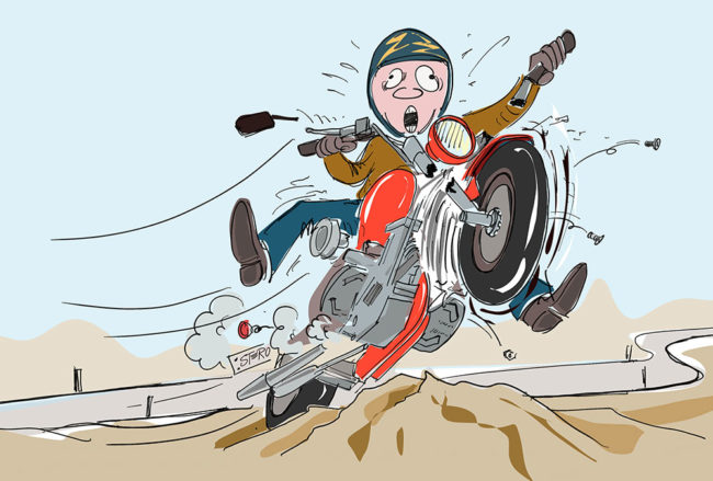 Cartoon: Eine Harley Davidson Fat Boy bricht am Vorderrad