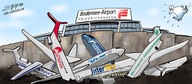 Flugzeuge liegen hinter dem Flughafen Friedrichshafen. Allegorie auf Titty Twister bei "From Dusk Till Dawn".