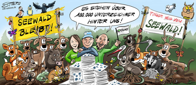 Cartoon: Waldtiere stehen hinter Waldschützern und Baumschützern, die Unterschriften sammeln