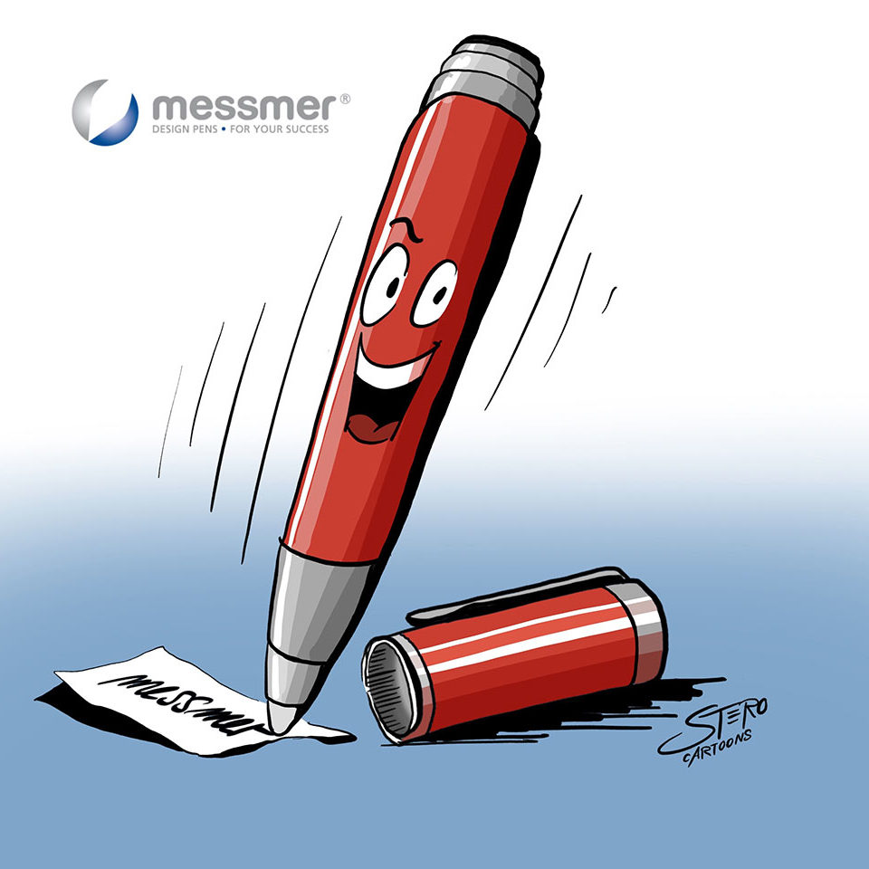 Ein fröhlicher Tintenroller/Kugelschreiber der Firma messmer pen tanzt als Cartoon übers Papaier