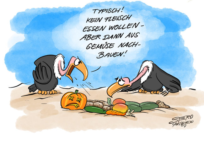 Zwei Geier an einem Aas einer Leiche aus Gemüse die vegan essen