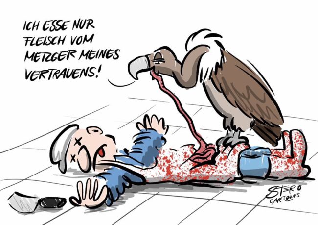 cartoon comic ein toter mann metzger liegt auf dem boden, ein geier sitzt auf ihm, frisst seine eingeweide und sagt "ich esse nur fleisch vom metzger meines vertrauens" als karikatur zum veganen busllshitbingo "ich esse nur ganz wenig fleisch, und nur bio,...