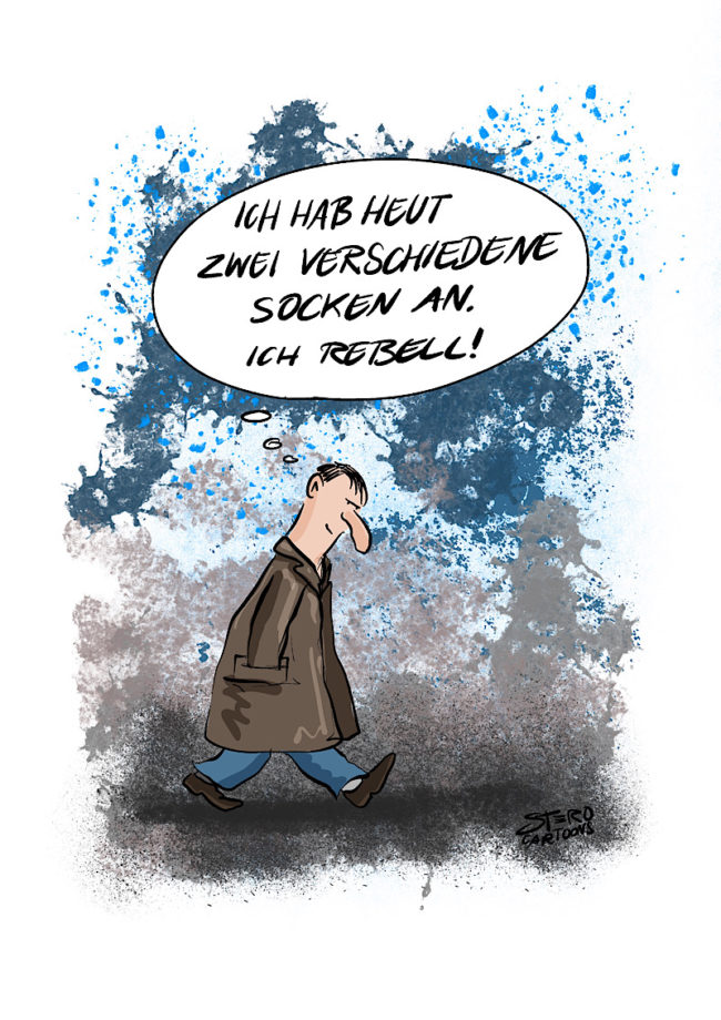 Cartoon:comic: ein mann geht mit verschiedenen Socken aus dem Haus